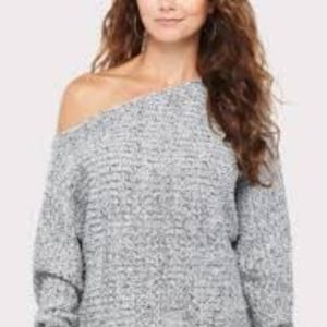 Sunday in Brooklyn - Knitted Off-the-Shoulder Marbled Sweater - Grey/White - M
